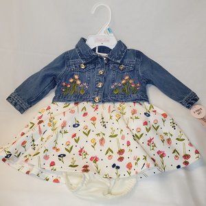 NWT Little Lass Girls 3-6 mth Floral Print Dress w/ Demin Jacket, & Diaper Cover